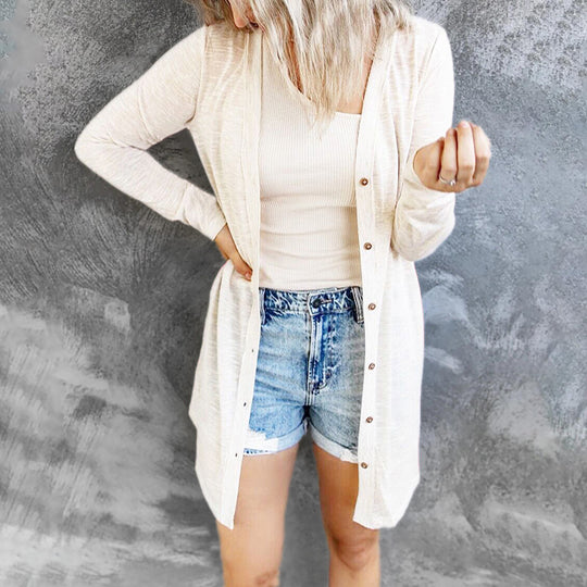 Damen Lange Strickjacke mit Knopfleiste und lässigem Schnitt Heidi-Mode