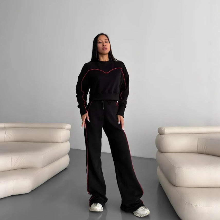 Damen lässiges Fleece-Set mit gemütlichem cropped Oberteil und weiten Hosen Heidi-Mode