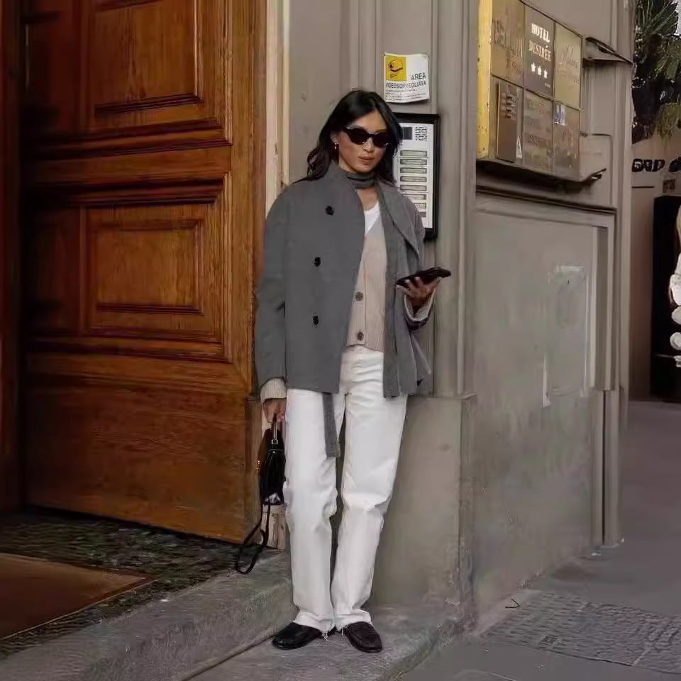 Damen modische Wolljacke mit doppelter Knopfleiste und ausgefallenem Schnitt Heidi-Mode