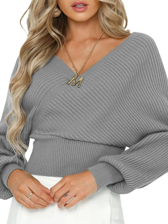 Damen lässiger V-Ausschnitt Pulli mit breiten Ärmeln und Rippstruktur Heidi-Mode