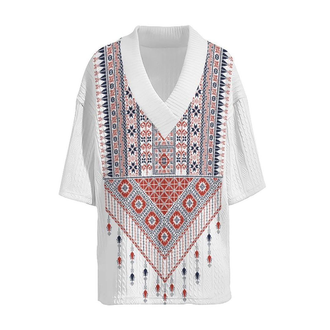 Damen Kurzarm Hemd im Ethno-Stil mit V-Ausschnitt und dekorativem Muster Heidi-Mode