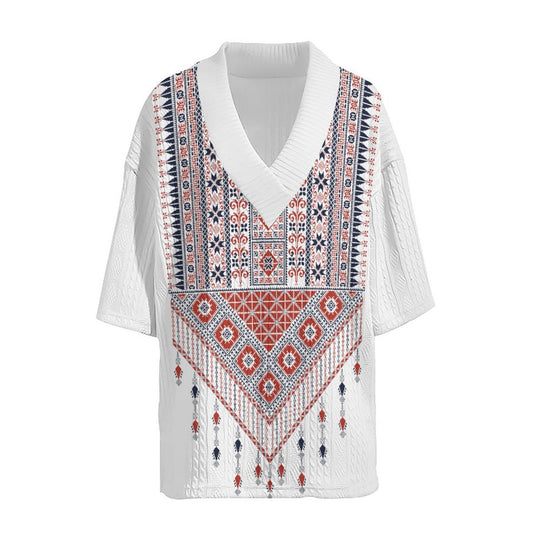Damen Kurzarm Hemd im Ethno-Stil mit V-Ausschnitt und dekorativem Muster Heidi-Mode