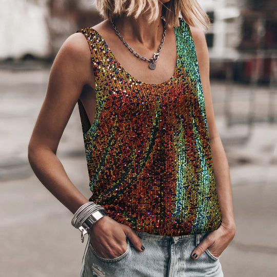 Damen Glitzerndes Top mit tiefem Rundhalsausschnitt und leichter A-Linie Heidi-Mode