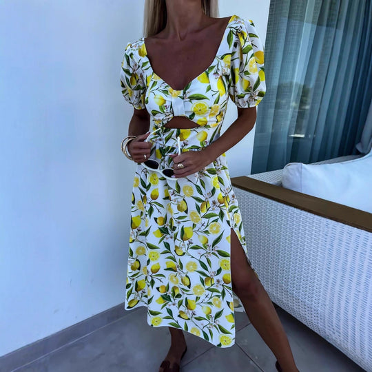 Damen Maxi Kleid mit Fruchtmotiv und Cut-Out-Details Heidi-Mode