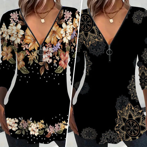 Damen Langarmshirt mit Reißverschluss und floralem Muster Heidi-Mode