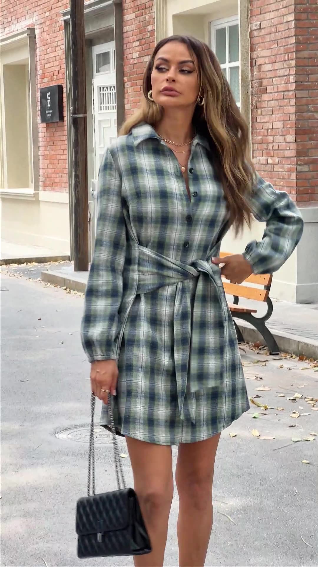 Heidi-Mode | Damen Flanell Knopf Midi Kleid mit Langen Ärmeln