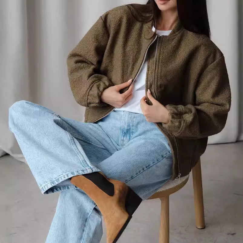 Damen Modische Bomberjacke aus weichem Wollmix mit Extragroßen Ärmeln Heidi-Mode