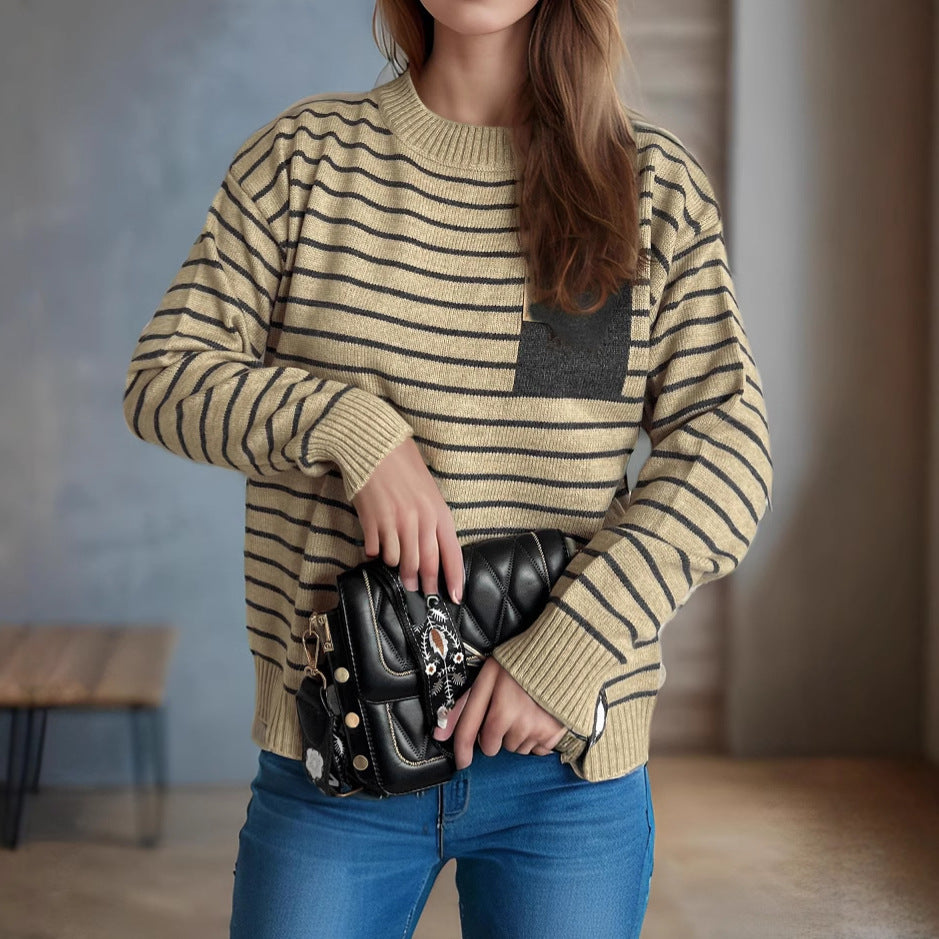 Damen lässiger Strickpullover mit breitem Streifenmuster und überschnittenen Schultern Heidi-Mode