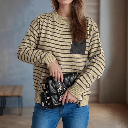 Damen lässiger Strickpullover mit breitem Streifenmuster und überschnittenen Schultern Heidi-Mode