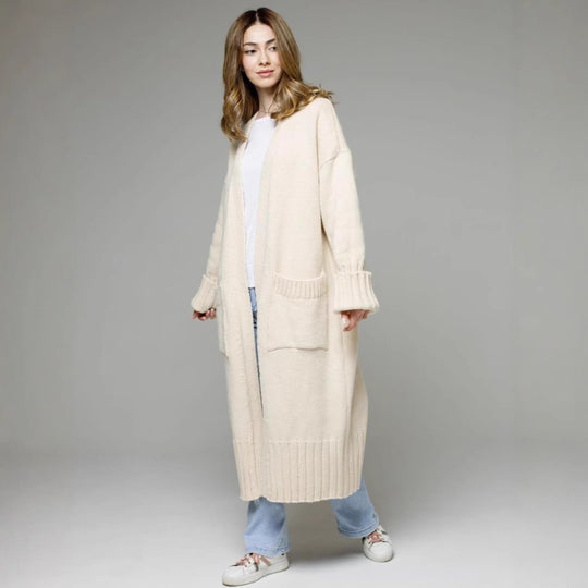 Damen bequemer langer Strickcardigan mit Taschen und breiten Ärmeln Heidi-Mode