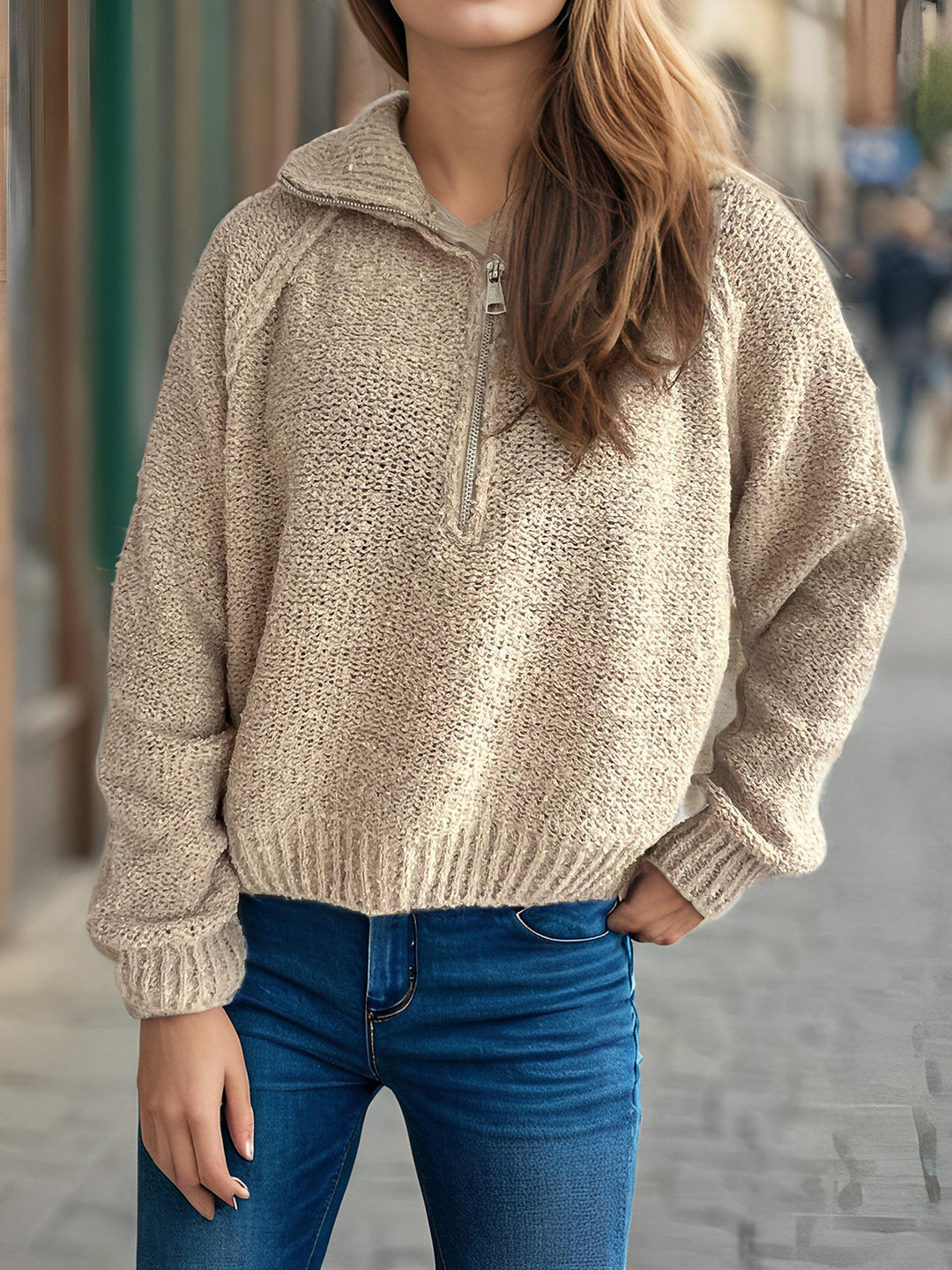 Damen lässiger Zip-Pullover mit oversized Schnitt und hohem Kragen Heidi-Mode