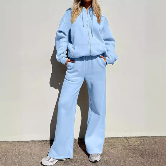 Damen bequemer und stilvoller Loungewear-Anzug mit zipbarem Hoodie und weitem Bein Heidi-Mode