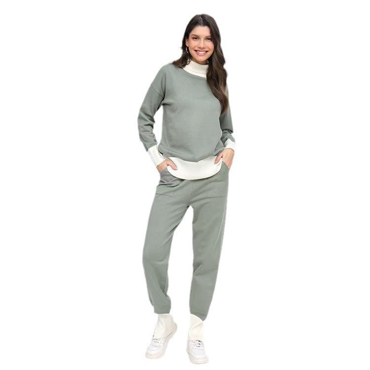 Damen komfortables Strick-Loungewear-Set mit hohem Kragen und elastischen Bündchen Heidi-Mode