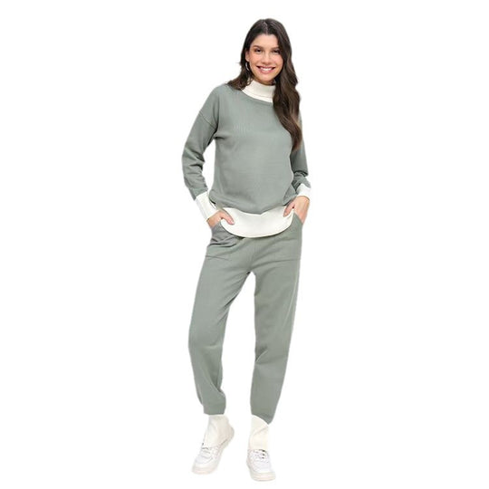 Damen komfortables Strick-Loungewear-Set mit hohem Kragen und elastischen Bündchen Heidi-Mode