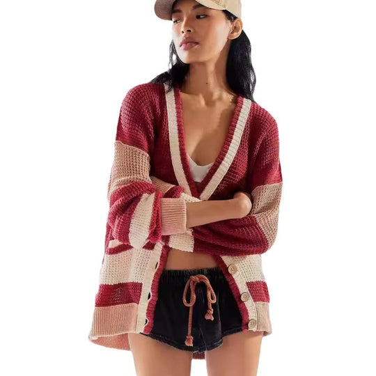Damen lässiger Strickcardigan mit großen Taschen und stilvollen Kontraststreifen Heidi-Mode