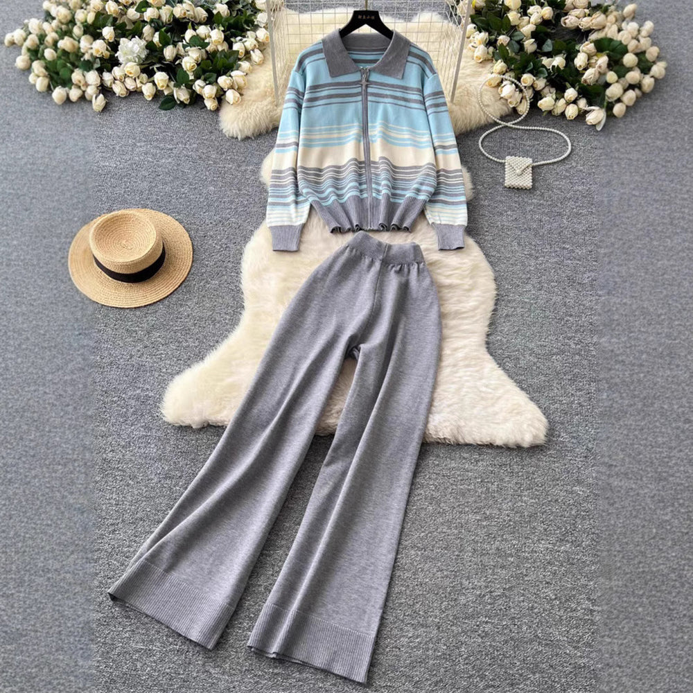Damen modisches Freizeit-Loungewear-Set mit Reißverschluss und breitem Bein Heidi-Mode