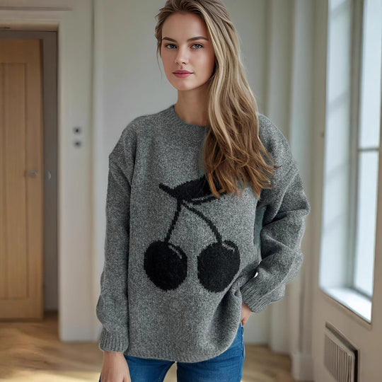 Damen Pullover mit verspieltem Kirschmotiv und weichem Strick Heidi-Mode