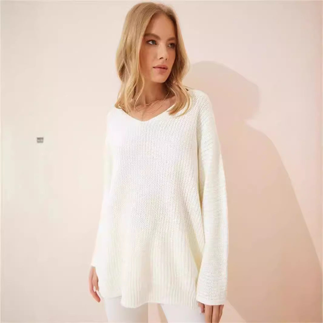Damen lässiger V-Ausschnitt Pullover mit strukturiertem Strickmuster Heidi-Mode