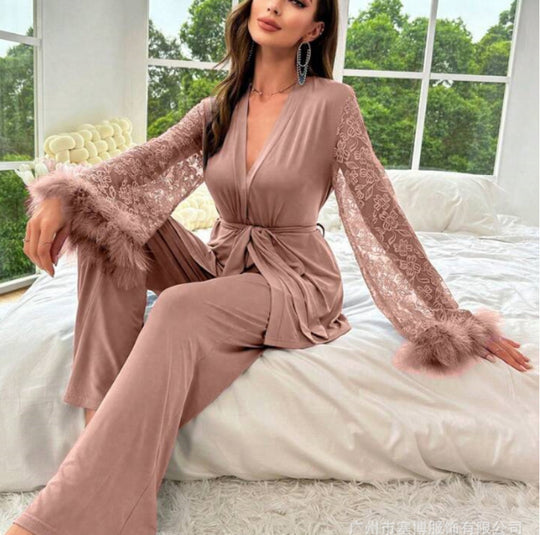 Damen elegantes Satin-Nachthemd mit Spitzenärmeln und Taillengürtel Heidi-Mode