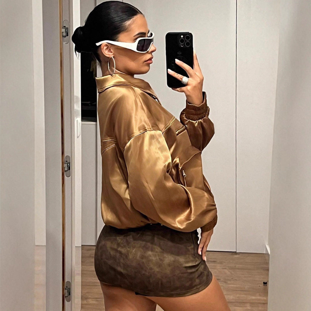 Damen Bomberjacke im glänzenden Satin-Look mit seitlichen Reißverschlusstaschen Heidi-Mode