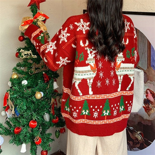 Damen Festlicher Pullover mit 3D-Rentier-Motiv und Hochkragen Heidi-Mode