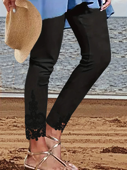Damen Leggings mit spitzenbesetztem Saum und elastischem Bund Heidi-Mode
