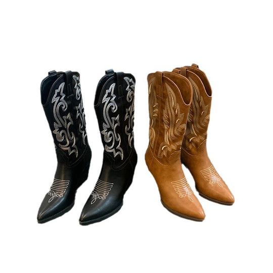 Damen Cowboy-Stiefel mit eleganter Stickerei und modernem Wedge-Design Heidi-Mode
