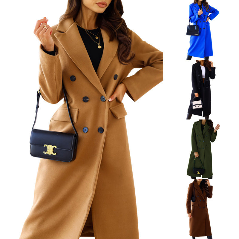 Damen Eleganter Doppelt-gesetzter Wollmantel mit Taschen Heidi-Mode