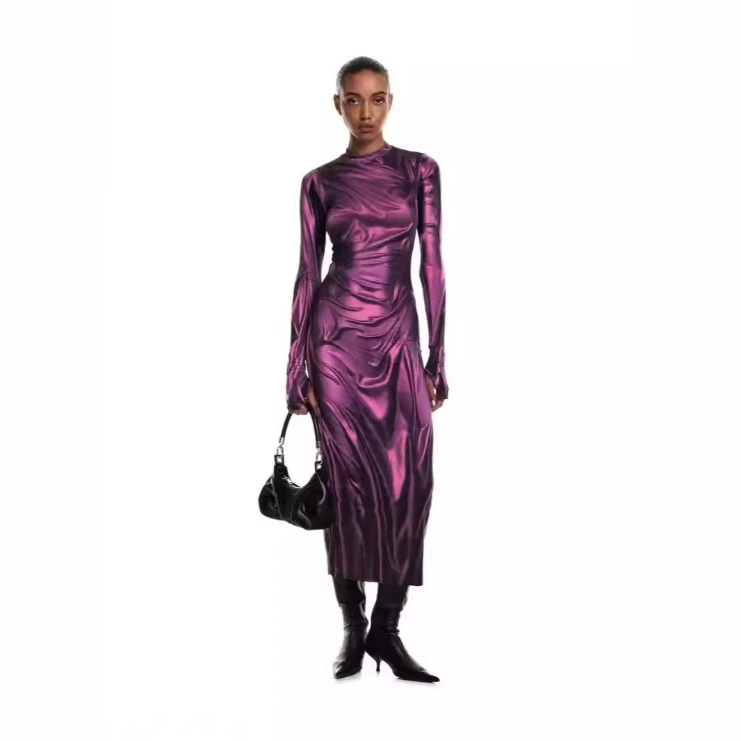 Damen Elegantes Langarmkleid aus glänzendem Stoff Heidi-Mode