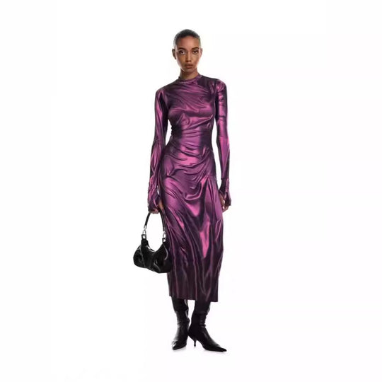 Damen Elegantes Langarmkleid aus glänzendem Stoff Heidi-Mode
