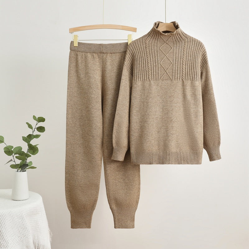 Damen gemütliches Strick-Loungewear-Set mit hohem Kragen und Rippstruktur Heidi-Mode