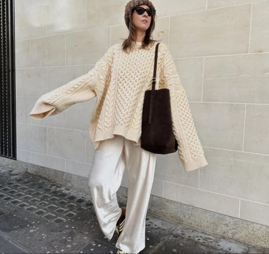Damen oversize Strickpullover mit Zopfstrickmuster Heidi-Mode