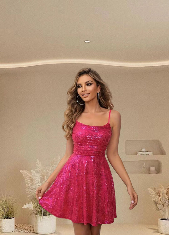 Damen Glitzer Minikleid mit schwingendem Rock und zarten Spaghettiträgern Heidi-Mode