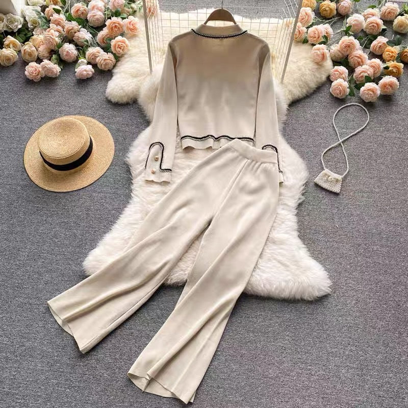 Damen elegantes Strick-Loungewear-Set mit feinen Knopfdetails und weitem Bein Heidi-Mode