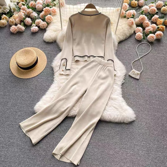 Damen elegantes Strick-Loungewear-Set mit feinen Knopfdetails und weitem Bein Heidi-Mode