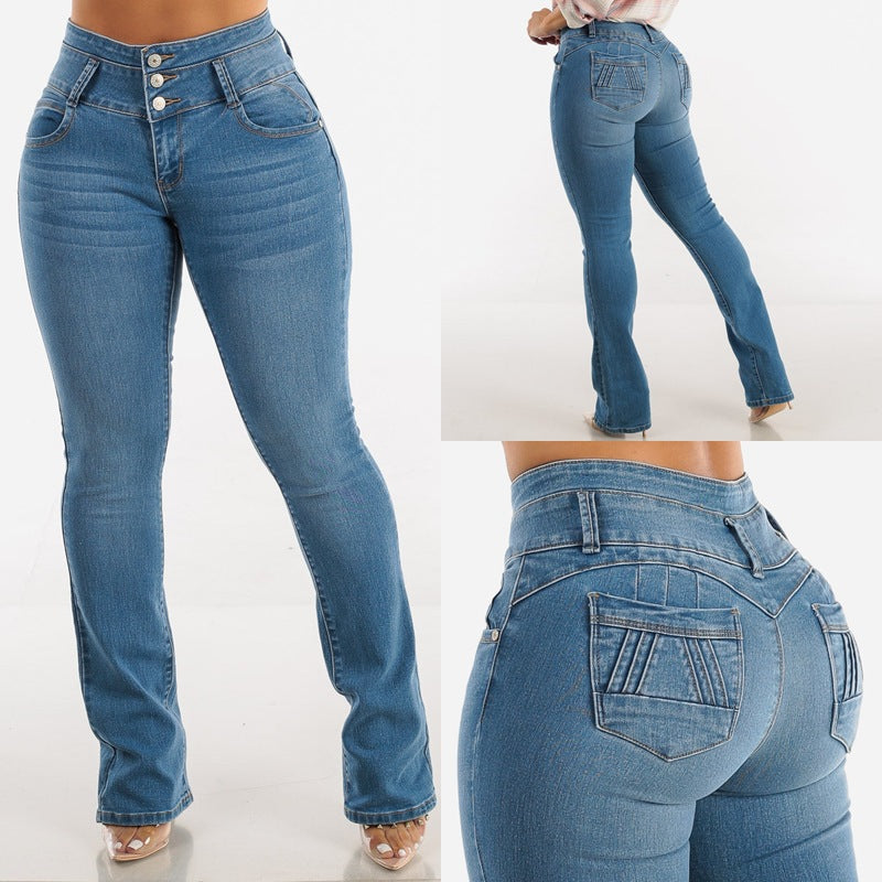 Damen Hochtaillierte Bootcut Jeans mit eleganten Knopfdetails Heidi-Mode