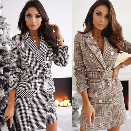 Damen elegantes Blazer-Kleid mit doppelter Knopfleiste und tailliertem Gürtel Heidi-Mode