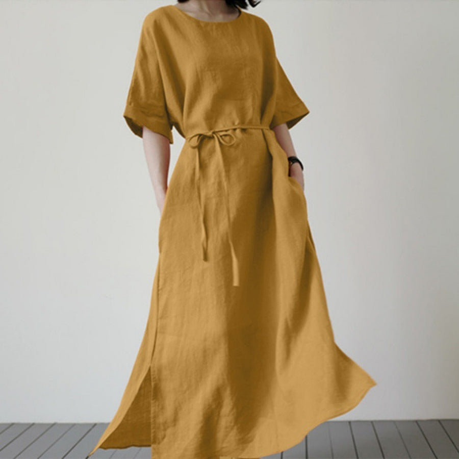 Damen Leinenmaxikleid mit weit geschnittenen Ärmeln und Taillengürtel Heidi-Mode