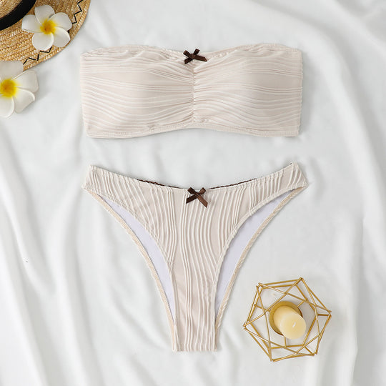 Damen Bandeau-Bikini Set mit raffinierten Falten und zierlichem Schleifenakzent Heidi-Mode
