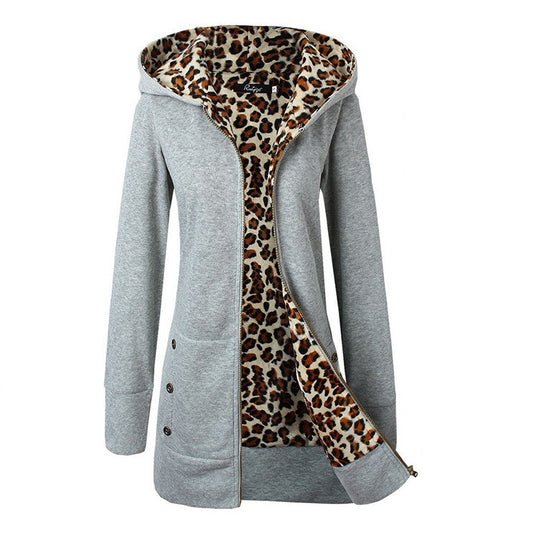 Damen Kapuzenpulloverjacke mit leopardem Innenfutter Heidi-Mode