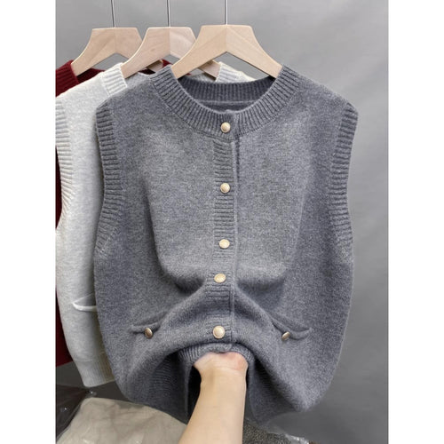 Damen Strickweste mit Knopfdetails und seitlichen Taschen Heidi-Mode