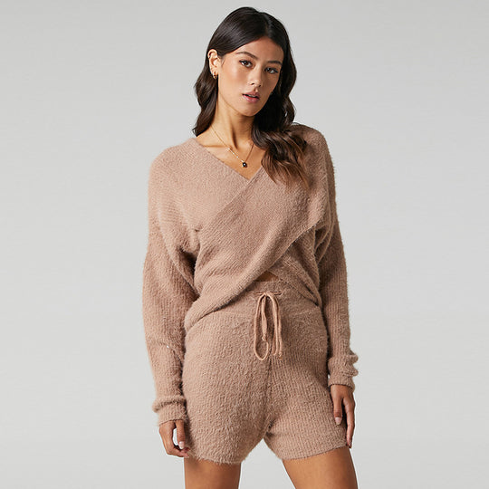 Damen gestricktes Lounge-Set mit V-Ausschnitt und elastischem Taillenzug Heidi-Mode