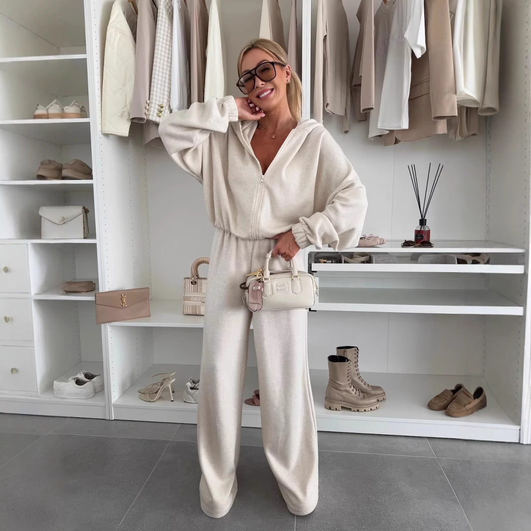 Damen Loungewear-Anzug aus weichem Fleece mit Kapuze und weitem Schnitt Heidi-Mode