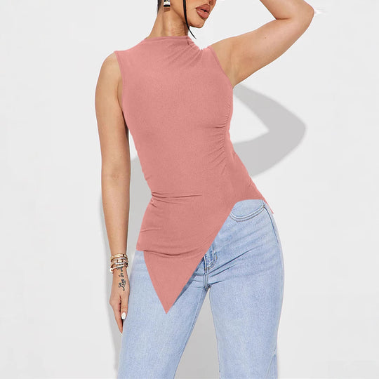 Damen ärmelloses Oberteil mit asymmetrischem Saum und Raffung Heidi-Mode