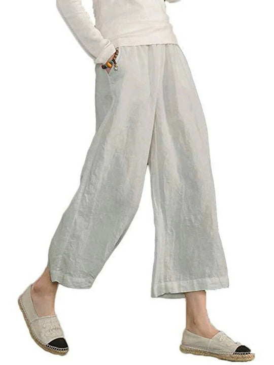 Damen weite Leinenhose mit seitlichen Taschen und elastischem Bund Heidi-Mode