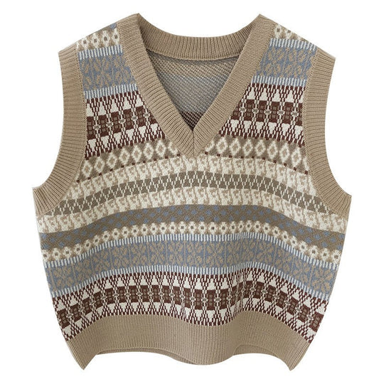 Damen Ärmellose Strickweste mit V-Ausschnitt und Muster Heidi-Mode