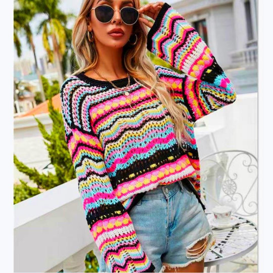 Damen Strickpullover mit buntem Zickzackmuster Heidi-Mode