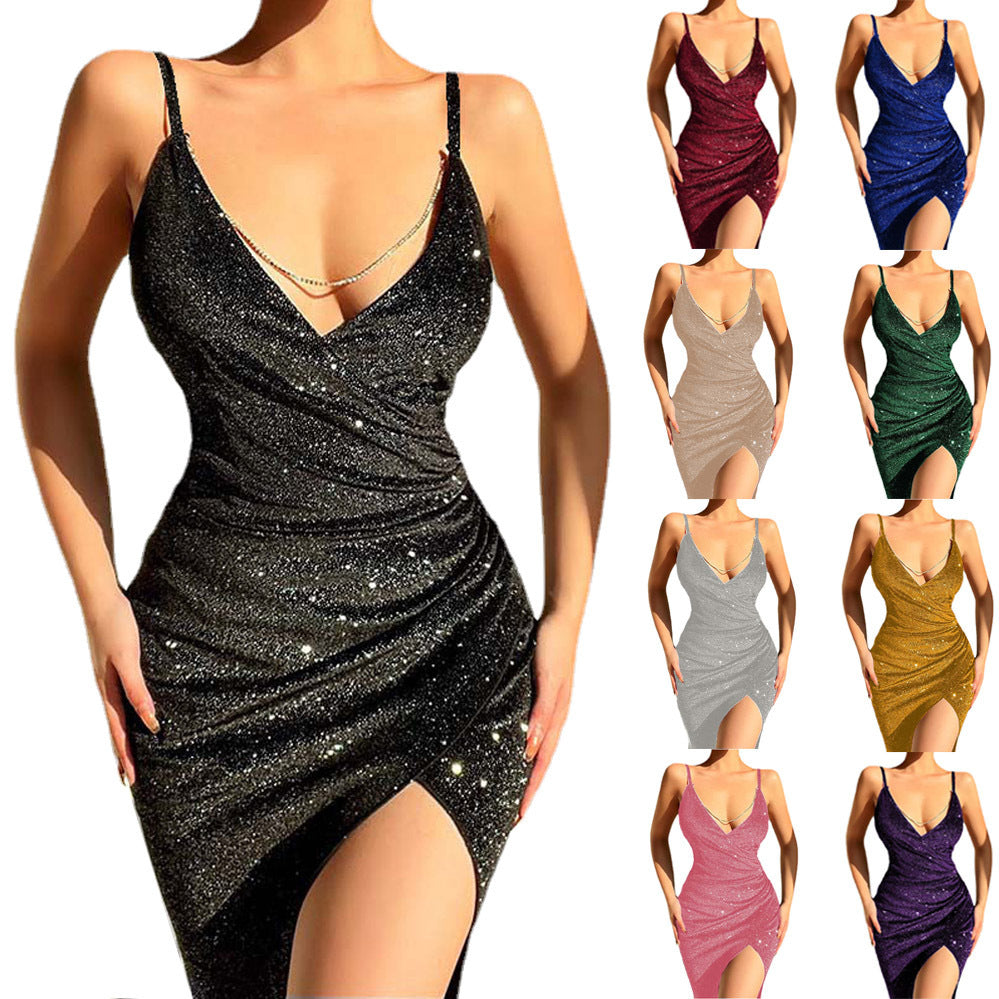 Damen Glitzerndes Wickelkleid mit tiefem V-Ausschnitt und seitlichem Schlitz Heidi-Mode