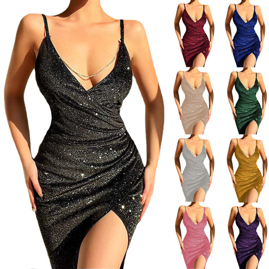 Damen Glitzerndes Wickelkleid mit tiefem V-Ausschnitt und seitlichem Schlitz Heidi-Mode
