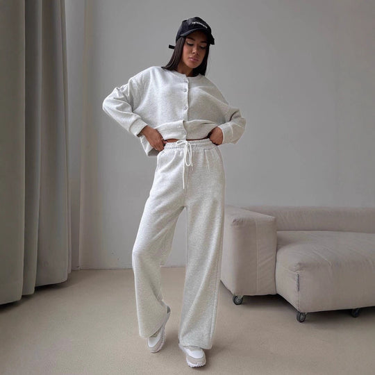 Damen lässiger Sweat-Pullover mit Knopfleiste und bequemen Jogginghose Heidi-Mode